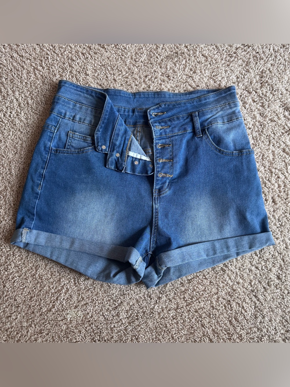 High-Waist Blue Denim Shorts with Button Fly XL stretch rolled cuff 2.5” inseam